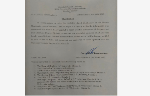 Himachal Pradesh- बारिश बनी बाधा: HPU ने टालीं आज की सभी परीक्षाएं!